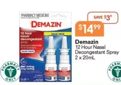 Demazin - 12 Hour Nasal Decongestant Spray 2 X 20mL offers at $14.99 in Soul Pattinson Chemist