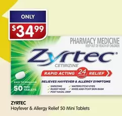 Zyrtec - Hayfever & Allergy Relief 50 Mini Tablets offers at $34.99 in Alliance Pharmacy