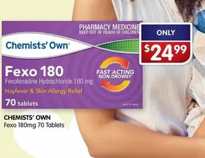 Chemist's Own - Fexo 180mg 70 Tablets offers at $24.99 in Alliance Pharmacy