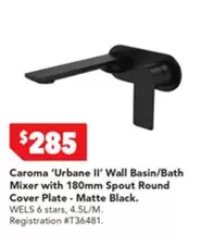 Caroma - 'urbane II' Wall Basin/Bath Mixer With 180mm Spout Round Cover Plate - Matte Black offers at $285 in Harvey Norman