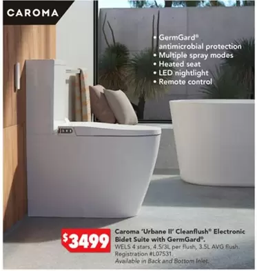 Caroma Urbane II’ Cleanflush Electronic Blded Stuite With Vermgard offers at $3499 in Harvey Norman