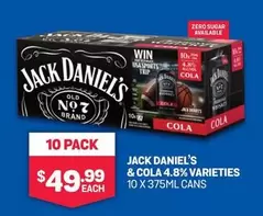 Jack Daniels - & Cola 4.8% Varieties 10 X 375ml Cans offers at $49.99 in Bottlemart