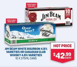 Jim Beam - White Bourbon 4.8% Varieties Or Canadian Club Whisky 4.8% Varieties 10 X 375ml Cans offers at $42.99 in Bottlemart