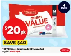 Tontine - Great Value Standard Pillows 4 Pack offers at $20 in Spotlight