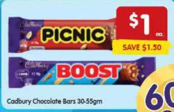 Cadbury -  Chocolate Bars 30-55gm offers at $1 in SPAR