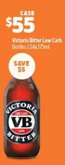 Victoria bitter - Victoria Bitter Low Carb Bottles | 24x375ml offers at $55 in BWS