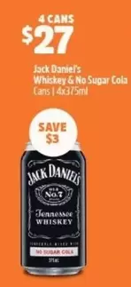 Jack Daniels - Whiskey & No Sugar Cola Cans | 4x375ml offers at $27 in BWS