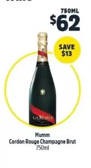 Mumm - Cordon Rouge Champagne Brut 750ml offers at $62 in BWS