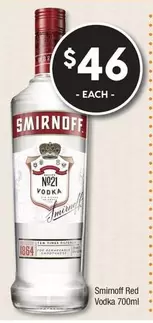 Smirnoff - Red Vodka 700ml offers at $46 in Super Cellars