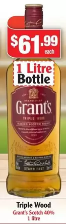 Grant's - Triple Wood Grant Scotch 40% 1 Litre offers at $61.99 in Liquor Stax