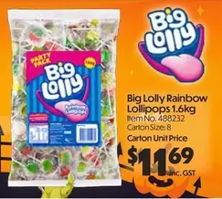 Big Lolly Rainbow Lollipops 1.6kg offers at $11.69 in Campbells