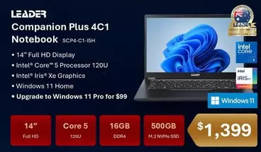 Leader - Companion Plus 4c 1 Notebook 14" Intel Core 5 Processor 120U 16gb 500gb offers at $1399 in Leader Computers