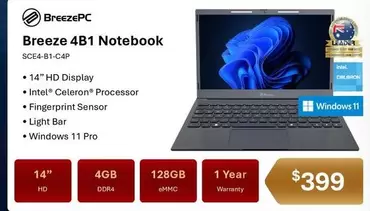 BreezePc - 4b1 Notebook 14" Intel Celeron Processor 4gb 128gb offers at $399 in Leader Computers