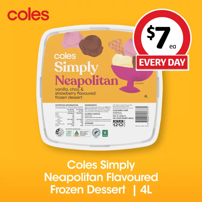 COLES SIMPLY NEAPOLITAN FLAVOURED FROZEN DESSERT 4 LITRE offers in Coles