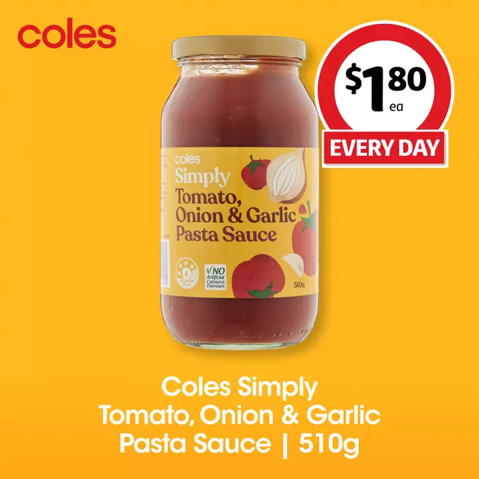 COLES SIMPLY TOMATO, ONION & GARLIC PASTA SAUCE offers in Coles