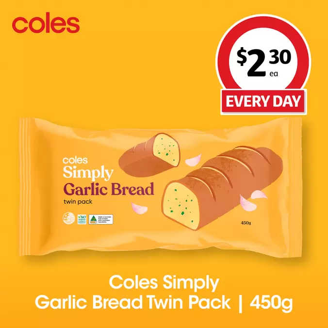 COLES SIMPLY GARLIC BREAD TWIN PACK offers in Coles