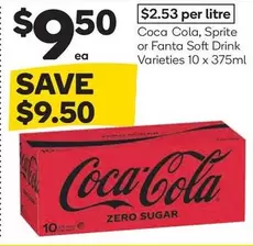 Coca Cola - Soft Drink Varieties 10 X 375ml offers at $9.5 in Woolworths