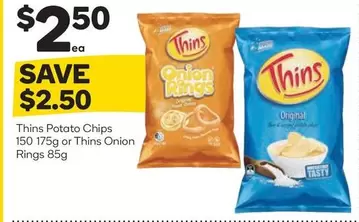 Thins - Potato Chips 150 175g Or  Onion Rings 85g offers at $2.5 in Woolworths