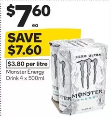 Monster - Energy Drink 4 x 500ml offers at $7.6 in Woolworths