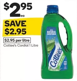 Cottee's - Cordial 1 Litre offers at $2.95 in Woolworths