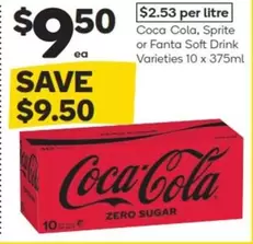 Coca Cola - Soft Drink Varieties 10 X 375ml offers at $9.5 in Woolworths