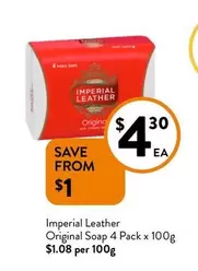 Imperial Leather - Original Soap 4 Pack X 100g offers at $4.3 in Foodworks