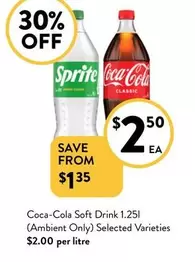 Coca Cola - Soft Drink 1.25l (Ambient Only) Selected Varieties offers at $2.5 in Foodworks