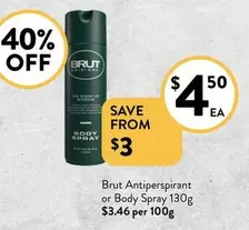 Brut - Antiperspirant Or Body Spray 130g offers at $4.5 in Foodworks