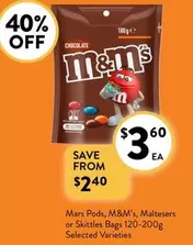 Mars -  Pods, M&m’s, Maltesers Or Skittles Bags 120‐200g Selected Varieties offers at $3.6 in Foodworks