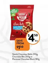 Nestlè - Chocolate Melts 290g, Chocolate Bits 200g Or Plaistowe Chocolate Block 180g offers at $4.5 in Foodworks