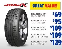 Roadx - Rxmotion H11 175/70 R13 82T offers at $69 in Bob Jane T-Marts