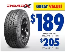 Roadx - Rxquest AT21 245/70 R16 111H offers at $189 in Bob Jane T-Marts