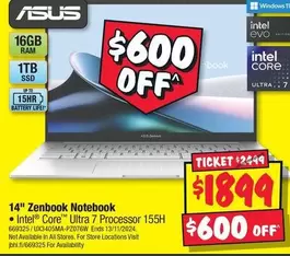 Asus - 14" Zenbook Notebook offers at $1899 in JB Hi Fi