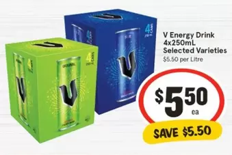 V - Energy Drink 4x250ml Selected arieties offers at $5.5 in IGA