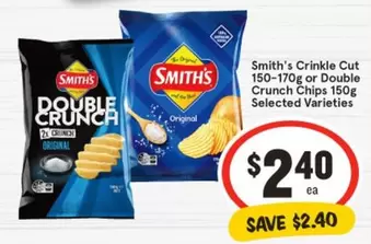 Smith's - Crinkle Cut 150‐170g Or Double Crunch Chips 150g Selected Varieties offers at $2.4 in IGA