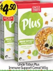 Uncle Tobys  - Plus Immune Support Cereal 565g offers at $4.5 in NQR