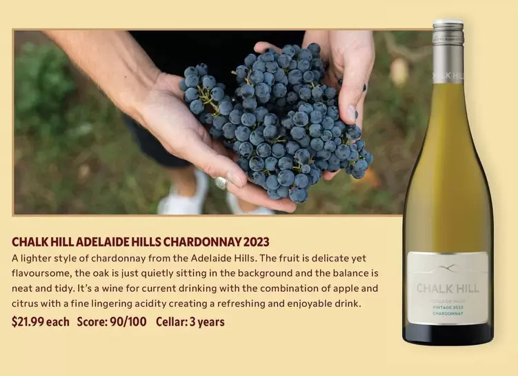 Chalk Hill Adelaide Hills Chardonnay 2023 offers at $21.99 in Liquor Barons