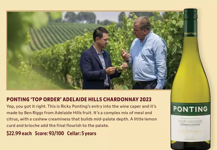 Ponting - 'Top' Order'  Adelaide Hills Chardonnay 2023 offers at $22.99 in Liquor Barons