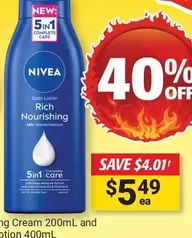 Nivea - Rich Nourishing Body Lotion 400ml offers at $5.49 in Cincotta Chemist