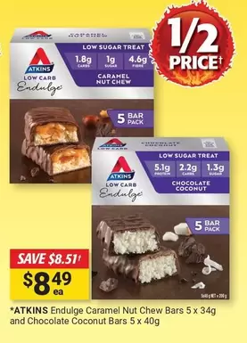Atkins - Endulge Caramel Nut Chew Bars 5 X 34g And Chocolate Coconut Bars 5 X 40g offers at $8.49 in Cincotta Chemist