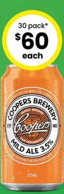 Coopers -  Mild Ale 3.5% Cans 375ml ( Deal Available For 24 Pack + 6 Pack Cand Only) offers at $60 in The Bottle-O