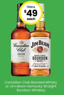 Canadian Club - Blended Whisky Or Jim Beam Kentucky Straight Bourbon Whiskey offers at $49 in The Bottle-O