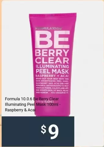 Formula 10.0.6 Be Berry, Clear 11.luminating Peek Mask 100ml offers at $9 in Kmart