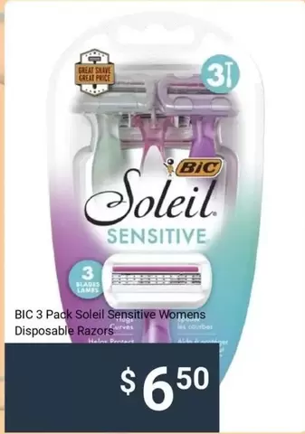 Shave - 3 Pack Soleil Sensitive Womens Disposable Razors offers at $6.5 in Kmart