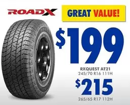 Roadx - Rxquest AT21 245/70 R16 111H offers at $199 in Bob Jane T-Marts