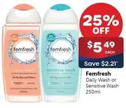 Femfresh - Daily Wash Or Sensitive Wash 250ml offers at $5.49 in Alliance Pharmacy