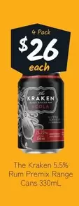 The Kraken - 5.5% Rum Premix Range Cans 330mL offers at $26 in Cellarbrations