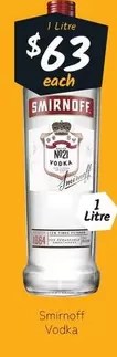 Smirnoff -  Vodka offers at $63 in Cellarbrations