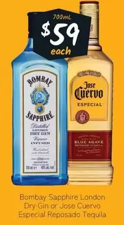Bombay Sapphire -  London Dry Gin Or Jose Cuervo Especial Reposado Tequila offers at $59 in Cellarbrations
