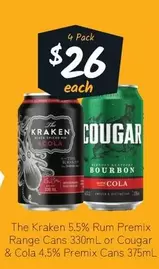 The Kraken - 5.5% Rum Premix Range Cans 330ml Or Cougar & Cola 4.5% Premix Cans 375ml offers at $26 in Cellarbrations